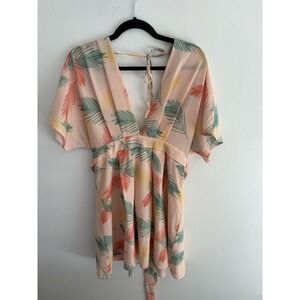 Shein Tropical Palm Leaf Print Deep V-Neck Romper Peach Pink Green Size Medium
